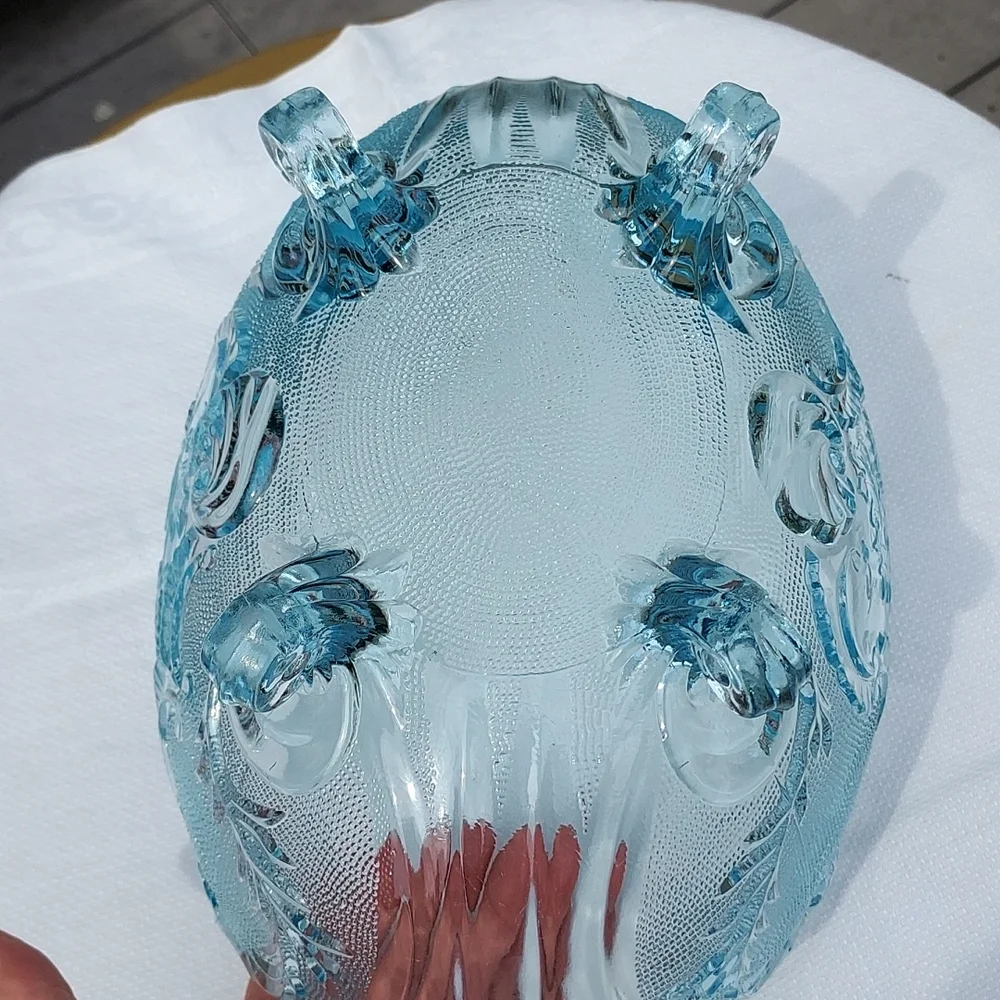 Vintage Jeannette mid century Pressed Glass Blue Footed Hombre  Compote Bowl MCM - Picture 12 of 17